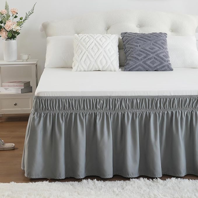 RIMELA Light Grey Bed Skirt Queen Size 16 Inch Drop, Elastic Bed Skirting for Bed Base and Frame, Bedding Dust Ruffle Easy to Install, Lightweight Comforter Set with Wrap Around Adjustable Bedskirt