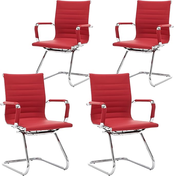 Wahson Office Guest Chairs Set of 4, Leather Reception Chairs, Mid Back Waiting Room Chair, Conference Chairs with Sled Base, Desk Chair No Wheels for Meeting/Lobby/Restroom, Dark Red