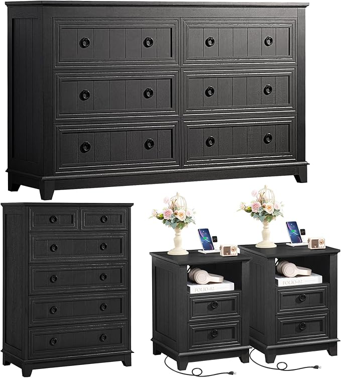 Bedroom Dresser and Nightstand Sets 4 Piece, Farmhouse 6 Drawers Dresser & 40.5" Tall Chest of Drawers,18" Nightstands with Charging Station,54" Wide Furniture Dressers for Bedroom,Living Room