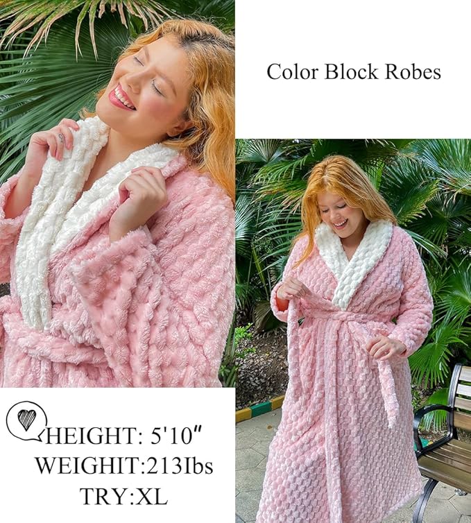 Ekouaer Women's Robe Long Plush Soft Bathrobe Jacquard Color Block Robes Shawl Collar Sleepwear with Pockets S-XXL
