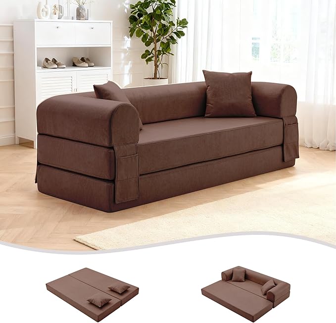 78.5" Convertible Sleeper Sofa Bed, Faux Leather Folding Floor Sofa with Pullout Bed&2 Pillows, No Assembly Modern Boneless Couch Compression Sofa in Box with Storage Pocket for Living Room, Brown
