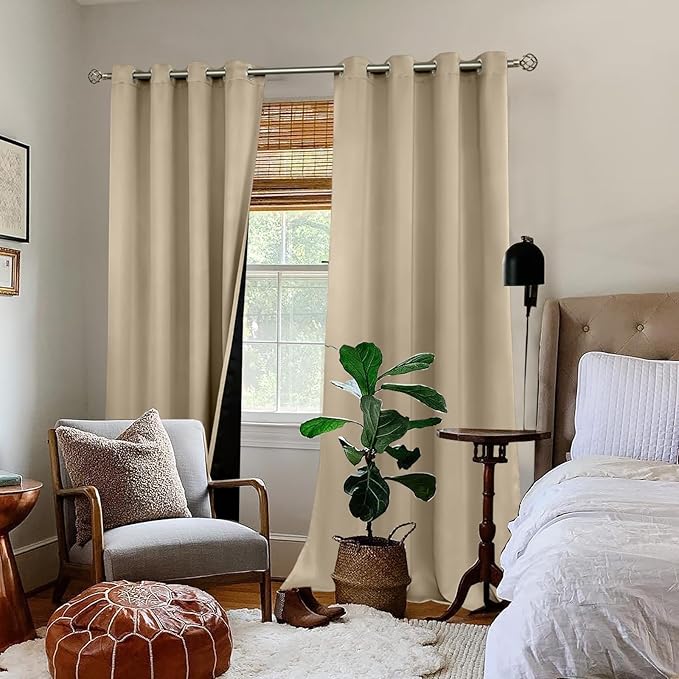BGment Thermal Insulated 100% Blackout Curtains for Bedroom with Black Liner, Double Layer Full Room Darkening Noise Reducing Grommet Curtain (52 x 90 Inch, Sand, 2 Panels)