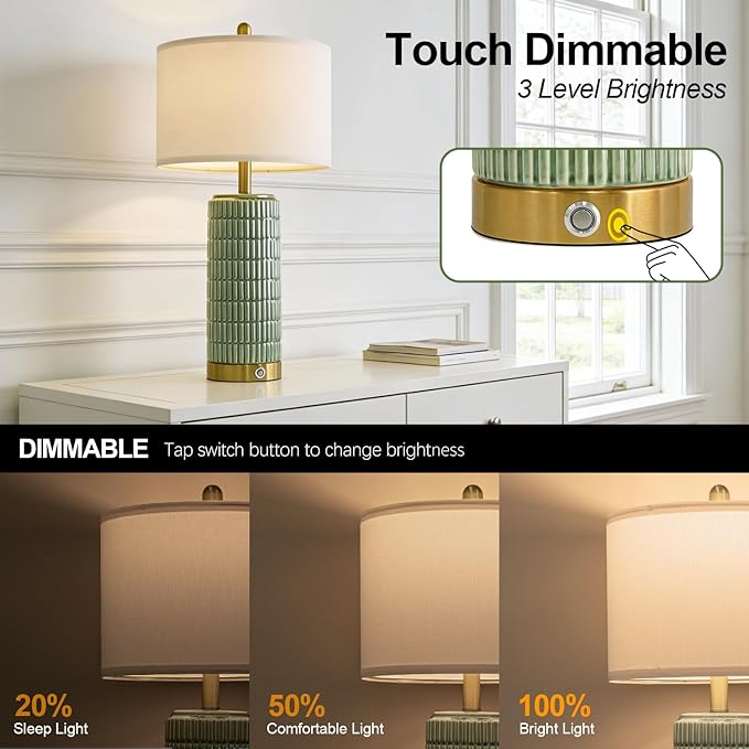 PoKat 25'' Bedside Table Lamps Set of 2 for Living Room with USB A&C Ports, Touch Lamps with 3-Way Dimmable Control for Bedroom, Farmhouse Green Lamps for Nightstand Office Hallway (Bulbs Included)