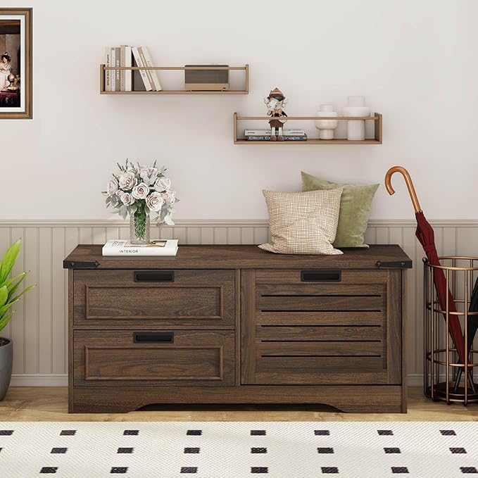 FATORRI Bench with Shoe Storage for Entryway, Wooden Shoe Benches with Flip Door and Drawers, Entry Way Shoes Organizer Cabinet for Living Room Mudroom (Dark Walnut)
