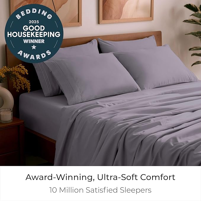 Mellanni California King Sheet Set - 6-Piece Iconic Collection Bedding, (Including 4 Pillowcases), 21-Inch Extra Deep Pocket, Easy Care, Ultra Soft, Cooling Sheets, Brushed Microfiber - Hazy Lilac