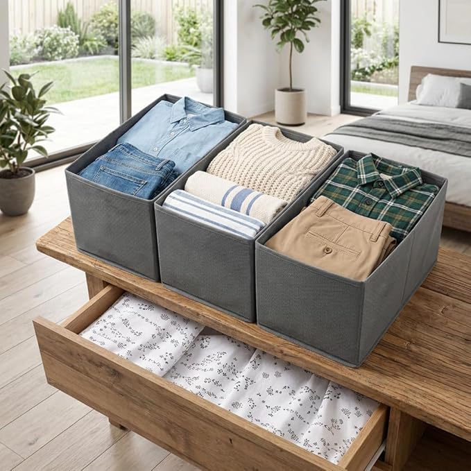 Sock Drawer Organizer 3 Pack, Fabric Drawer Organizer Clothes with Fixed Dividers, Sock Organizer for Dresser, Closet and Storage Bins