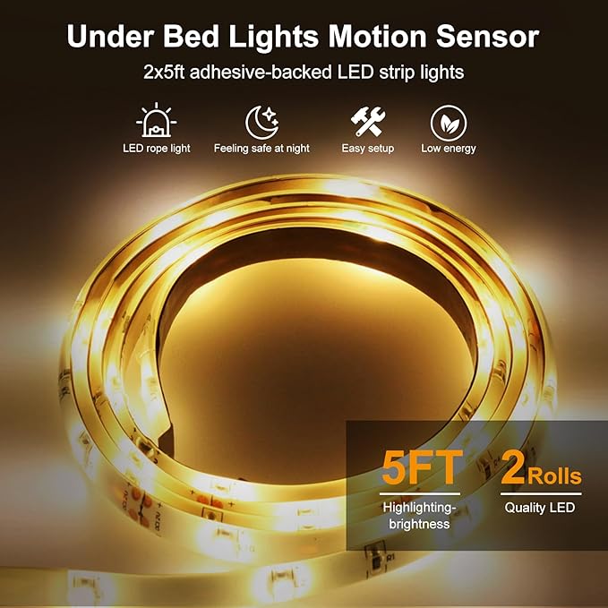 Vansky Motion Activated Bed Light, Flexible LED Strip Motion Sensor Night Light Bedside Lamp Illumination with Automatic Shut Off Timer (Warm Soft Glow)-Dual Light Strips Kit