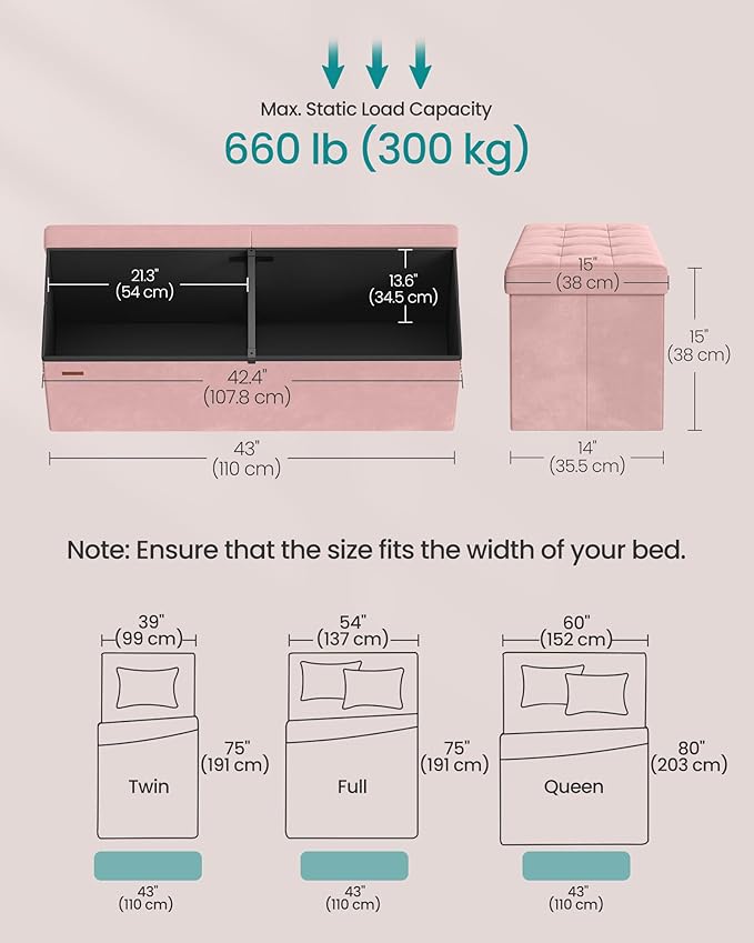 SONGMICS Mazie Collection - 43 Inches Storage Ottoman, Foldable Storage Bench with Flipping Lid, 660 lb Load Capacity, for Entryway, Living Room, Bedroom, Velvet Fabric, Jelly Pink ULSF078SA01