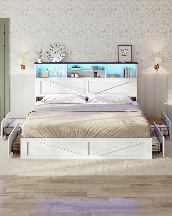 AOGLLATI Farmhouse King Bed Frame Bed Frame with 4 Storage Drawers and Led Lights, Wooden King Bed with Hidden Space Bookcase Headboard and Led Lights, White