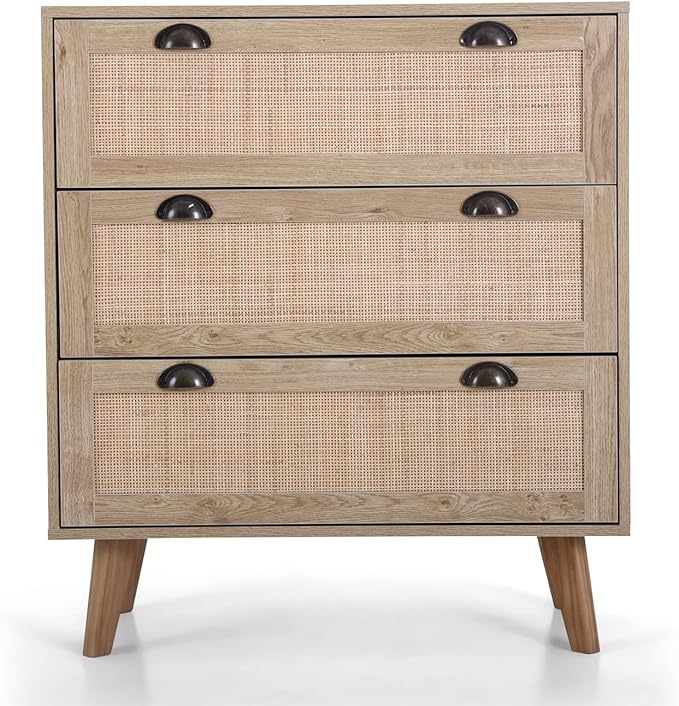 PHI VILLA Rattan Dresser - Nightstand with Drawer Boho Small Cabinet 3 Drawer Dresser, Bedside Table