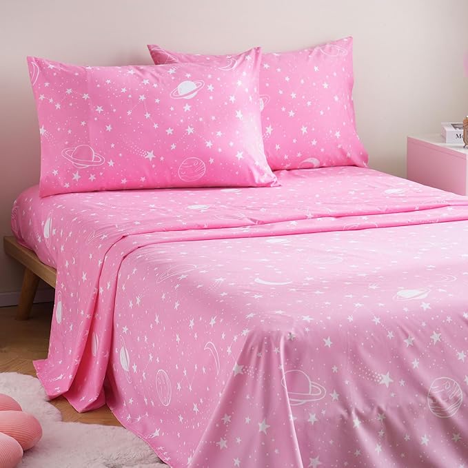 JSD Gradient Pink Moon Stars Kids Sheet Set Full Size, 4 Piece Space Theme Microfiber Sheets Deep Pocket