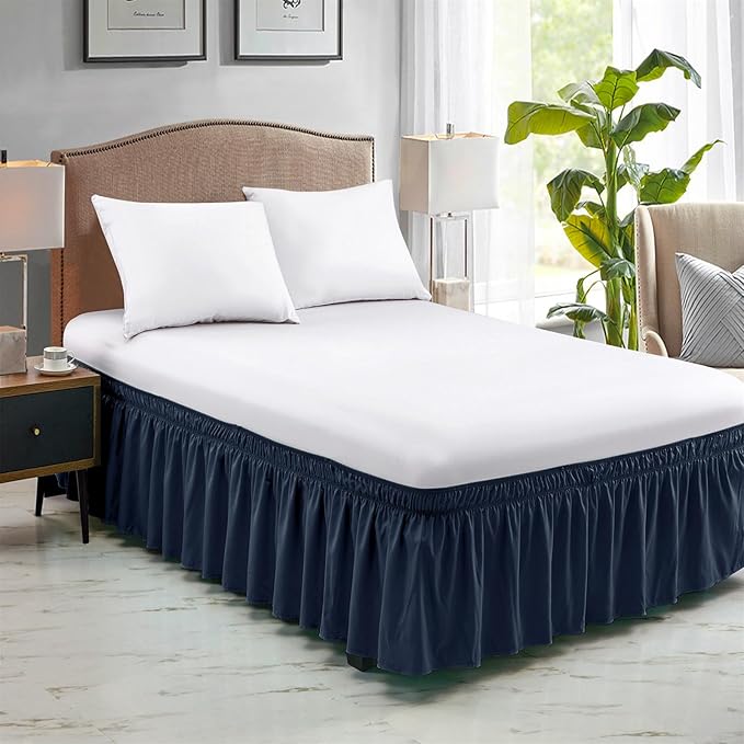 FreshCulture Twin Bed Skirt - Elastic Wrap Around Bed Skirt, Twin Size, Easy Fit with 22 Inch Drop Length, Hotel Quality Dust Ruffle (Navy Blue)