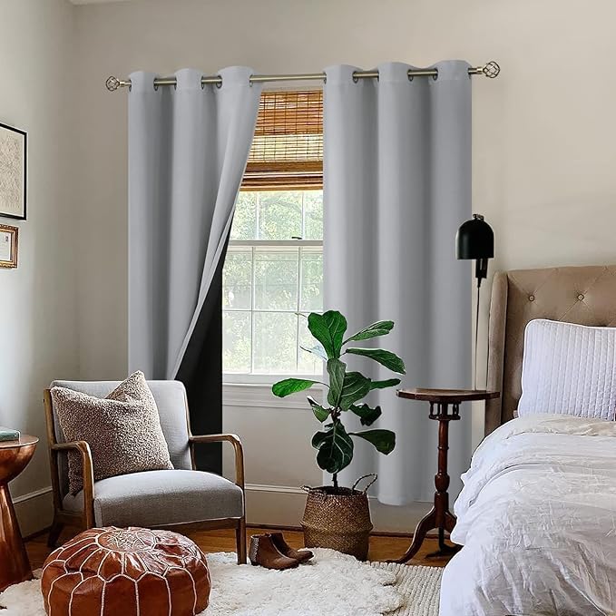 BGment Thermal Insulated 100% Blackout Curtains for Bedroom with Black Liner, Double Layer Full Room Darkening Noise Reducing Grommet Curtain (38 x 84 Inch, Light Grey, 2 Panels)
