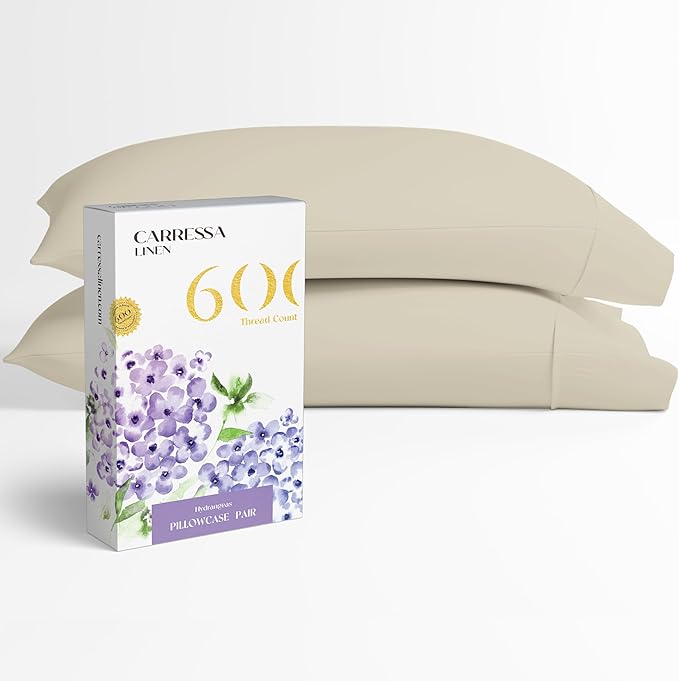 Carressa Linen 100% Egyptian Cotton Pillow Cases Queen Size Set of 2 - Luxury 600 Thread Count Sand Standard/Queen Size Pillowcases, Silky Soft, Cooling Sateen Weave Hotel Quality Bed Pillow Cover