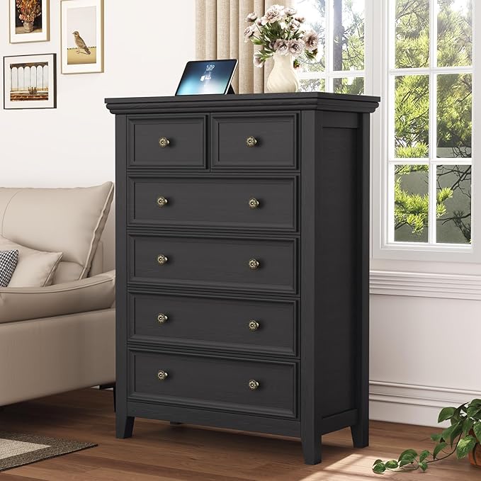 Black Modern 6 Drawer Storage Cabinet, Stylish Living Room Furniture, Farmhouse Style Dresser with Spacious Drawers Ideal for Entryway and Hallway Storage