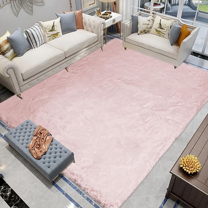 Latepis Light Pink Furry Rug 8x10 Soft Faux Rabbit Fur Rugs for Living Room Large Washable Non-Slip Shaggy Rug for Bedroom, Playing Room, Kids Room, Dorm