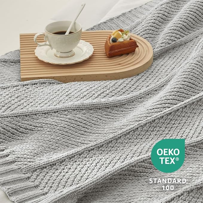 Amélie Home Chevron Chenille Knit Throw Blanket for Couch, Cozy Texture Decorative Soft Blanket for Sofa & Chair, 60"x80", Light Grey