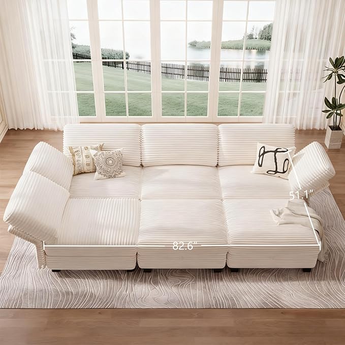 Modular Sectional Sofa with Adjustable Backrest, Convertible L/U-Shaped Sleeper Couch for Living Room, Cloud Sofa Bed Modern Reversible Design, White