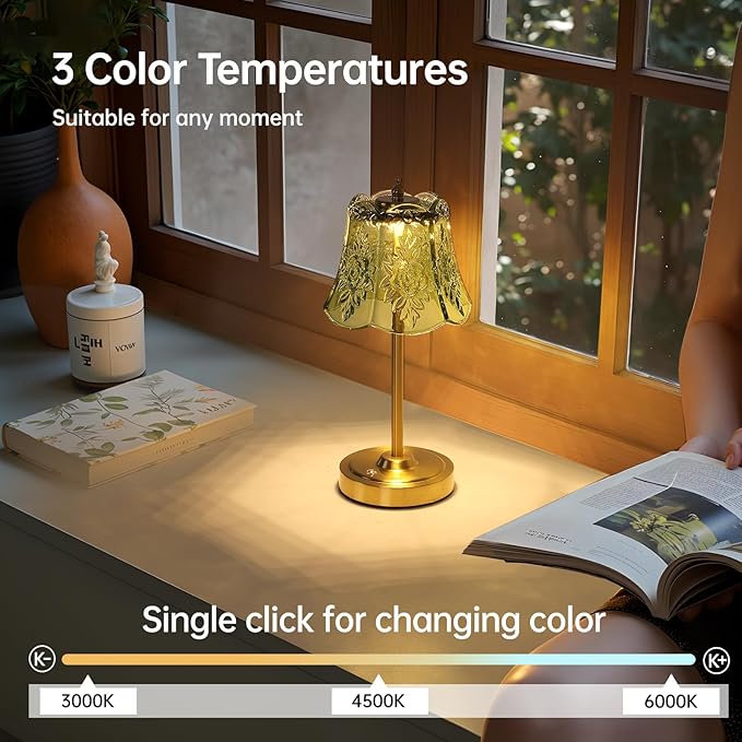 Small Table Lamp with 5200mAh Battery & Touch Control - 3 Adjustable Color Temperatures, Dimmable Rechargeable Table Lamps for Living Room, Bedroom, Bedside (Green Rose)
