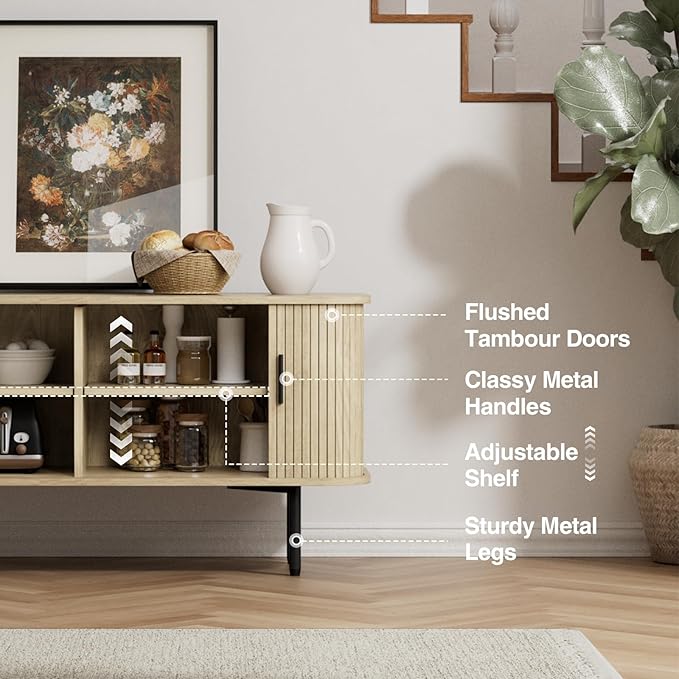 47''W Natural Storage Cabinet, Media Console, Tambour TV Stand; Sliding Door, Fluted Cabinet, Buffet Sideboard, Credenza, Table Stand for Living Room, Kitchen