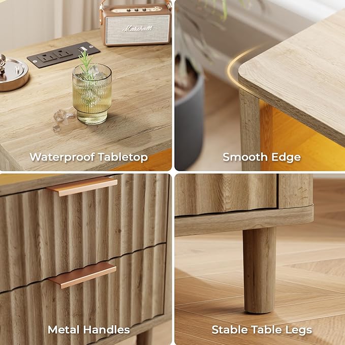 Fluted Nightstand with Charging Station, 2 Drawers Storage Bedside Table, Solid Wood Modern Nightstand with Open Shelf, Curved Profile Design, End Table for Indoor Room Bedroom Office, Oak
