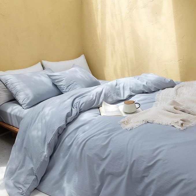 FOSSA Duvet Cover Set 100% Washed Cotton Linen Feel Super Soft Breathable Cozy 3 Pieces Bedding Sets Solid Cornflower Blue Queen