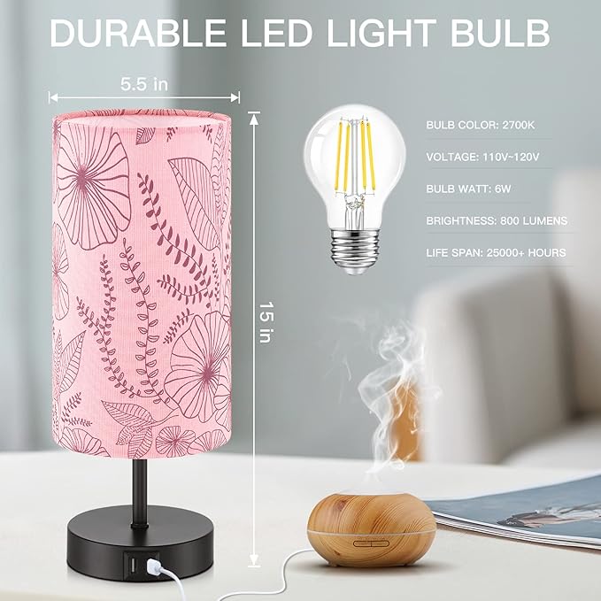 Bedside Table Lamp, Modern Touch Control Desk Lamp with 2 USB Ports & Round Flower Linen Fabric Shade, 3 Way Dimmable Small Nightstand Lamp for Bedroom Living Room Home Office Pink(LED Bulb Included)