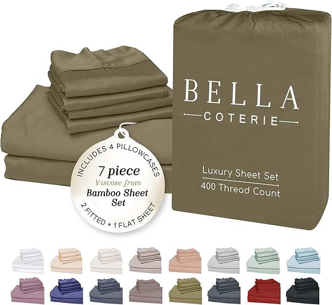 Bella Coterie 7 Piece Luxury Bamboo Viscose Split King Size Sheet Set | 2 Fitted Sheets for Adjustable Beds | 100% Organically Grown | Cooling for Hot Sleepers | 4 Pillowcases [Olive]