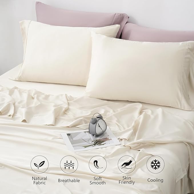 Linen World King Size 400TC Cooling Bed Sheet Set - 100% Organically Grown Viscose Sheets, Silky Soft & Breathable, Deep Pocket Fits Up to 16", 4-Piece Sheets with Pillowcases,Creamy