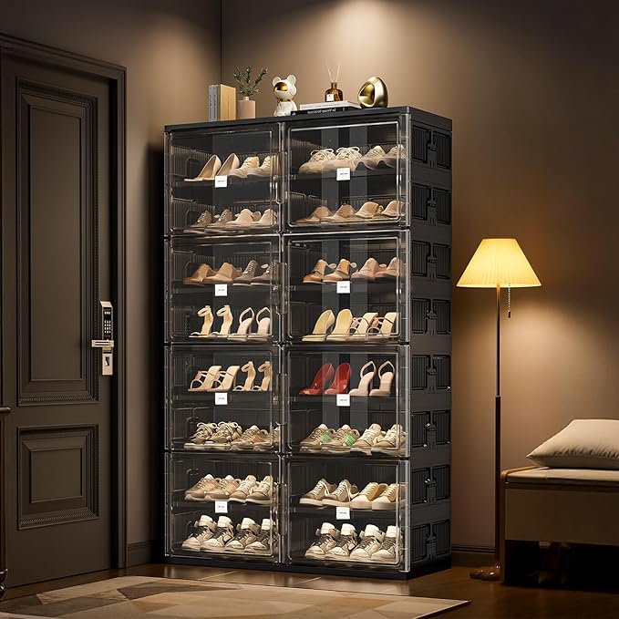 JEKO&JEKO 6-Tier Foldable Shoe Storage Cabinet with Magnetic Doors, Large Stackable Shoe Organizer Cabinet for Entryway, Clear Front Door Shoe Boxes Hold Up to 24 Pairs (Black)
