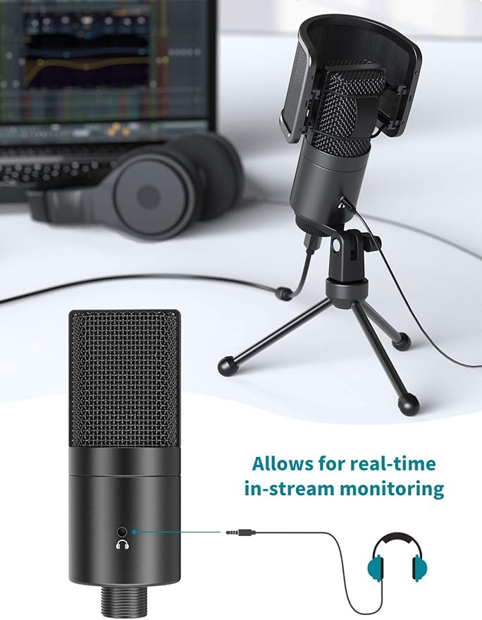 FIFINE USB Desktop PC Microphone with Pop Filter for Computer and Mac, Studio Condenser Mic with Gain Knob Mute Button Headphone Jack for Gaming Streaming Recording YouTube, Extra USB-C Plug-K683A