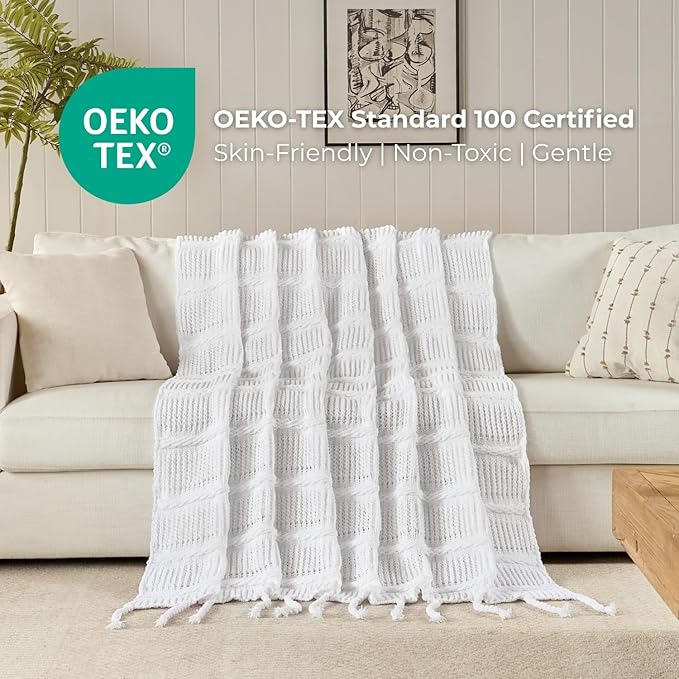 Boho Knitted Chenille Blanket with Tassels - Lightweight & Soft All-Season Throw - 3D Classic Pattern for Living Room Bedroom Couch, Cloud White, Queen 90"x90"