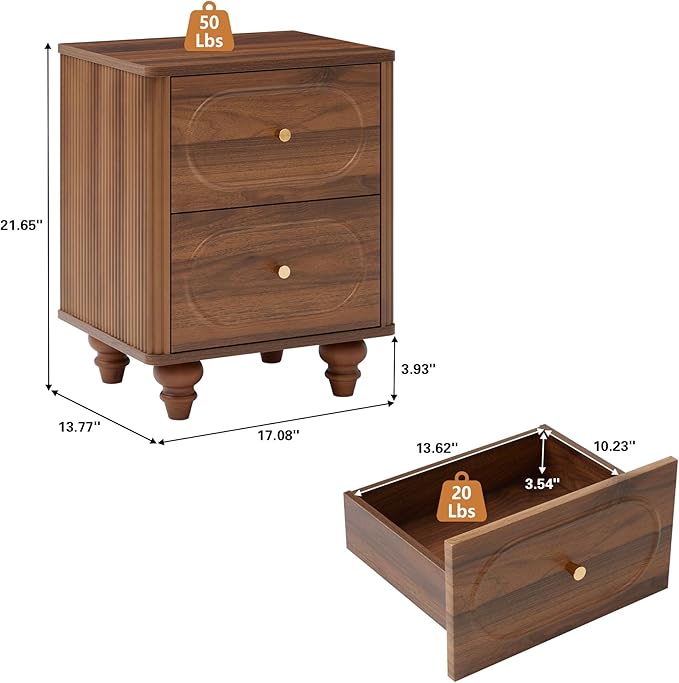 ORRD 2 Drawer Fluted Mini Small Dresser for Bedroom Set of 2, Mid Century Modern Nightstand Bedside End Table, Wood Storage Dresser Organizer for Bedroom Living Room, Walnut