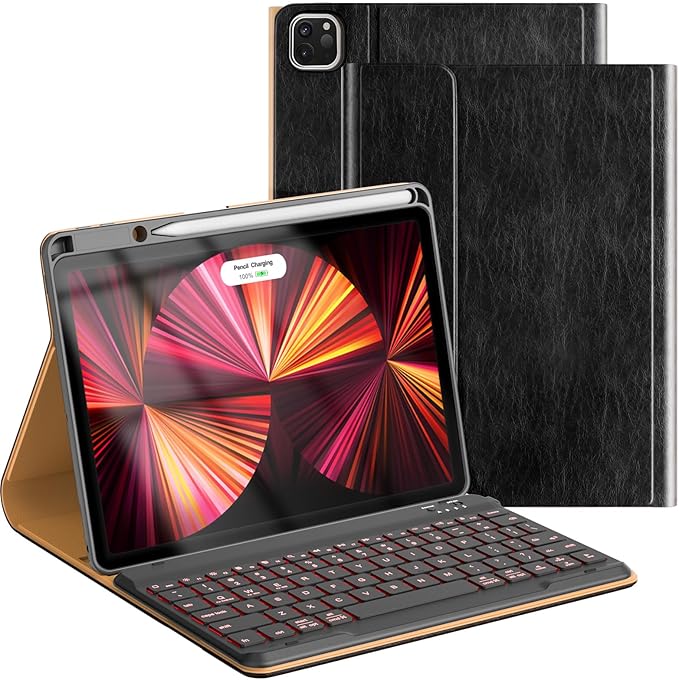 Leather Keyboard Case for iPad Air 5th 4th Generation 10.9 inch Pro 11 1st/2nd/3rd/4th, 7 Color Backlight BT Keyboard Folio with Pencil Holder 2022 2021 2020 2018 (Black