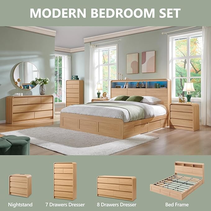 Modern 8 Drawers Dresser for Bedroom, 55" Wide Dressers & Chest of Drawers w/Curved Profile Design, Wood Mid Century Storage Dressers Organizer for Bedroom, Living Room, Natural Oak