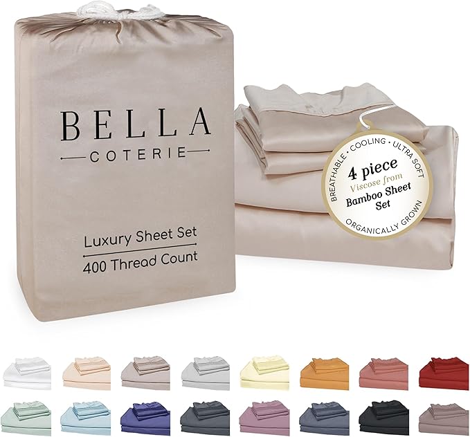Bella Coterie Luxury Bamboo Viscose Queen Size Sheet Set | 100% Organically Grown | Ultra Soft | Cooling for Hot Sleepers | 18" Deep Pocket [Dune]