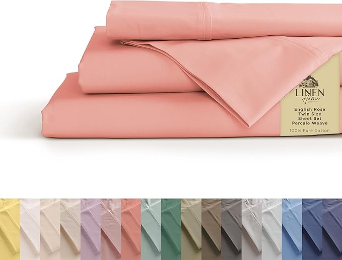 Linen Home 100% Cotton Percale Sheets Twin Size, English Rose, Deep Pocket, 3 Pieces Set - 1 Flat, 1 Deep Pocket Fitted Sheet and 1 Pillowcase, Crisp Cool and Strong Bed Linen