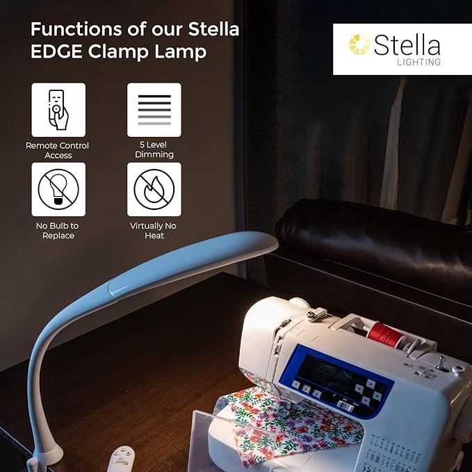 Stella Edge Premium 10W LED Desk Clamp Task Lamp - White - Adjustable Dimmable Low Vision Light - Macular Degeneration Lighting - Hobby Crafting Sewing