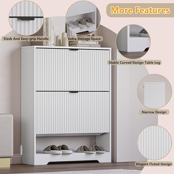 Shoe Cabinet with 2 Flip Drawers, Fluted Shoe Storage Cabinet with Adjustable Shelves, Freestanding Rack and Organizer for Entryway, Closet, Hallway