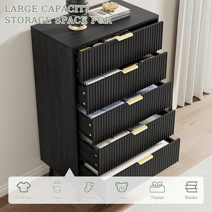 LYNSOM Fluted 5 Drawers Dresser, 45" Tall Modern Chest of Drawers with Curved Profile Design and Metal Handle, Wood Drawer Organizer for Bedroom, Living Room, Hallway, Entryway, Black