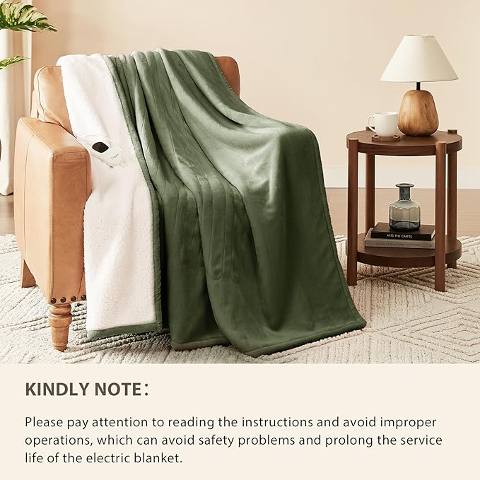 Homemate Electric Heated Blanket Twin Size - 62"x84" Heating Blanket Twin Size 1/2/4/6/8 Hours Auto-Off 10 Heat Level Over-Heat Protection Flannel Sherpa ETL Certification