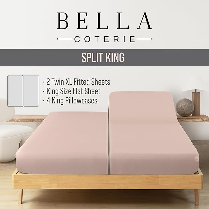 Bella Coterie 7 Piece Luxury Bamboo Viscose Split King Size Sheet Set | 2 Fitted Sheets for Adjustable Beds | 100% Organically Grown | Cooling for Hot Sleepers | 4 Pillowcases [Dusty Rose]
