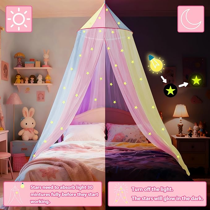 Rainbow Bed Canopy for Girls with Glowing Stars, Colorful Princess Canopy Bed Curtains for Twin, Full, and Queen Sizes,Mosquito Netting for Baby Crib,Ceiling Tent for Kids Bedroom Decor