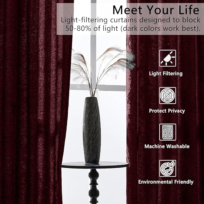 SMILETIME Burgundy Red Crushed Velvet Curtains 52x90 inch Luxurious Thermal Insulated Soundproof Drapes for Living Room Bedroom Office Soft and Durable Light-Filtering Window Treatments, 2 Panels