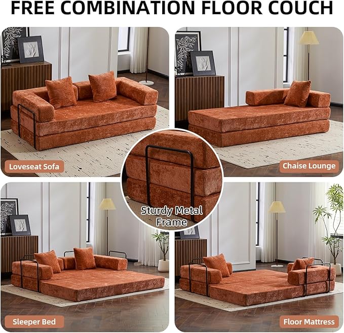 4-in-1 Convertible Folding Sleeper Sofa Bed, Fold Out Floor Sofa Couch with Fixed-Shape Frame, Cloud Corduroy Foldable Mattress Couch for Living Room Bedroom (78.5" Chenille, Orange)