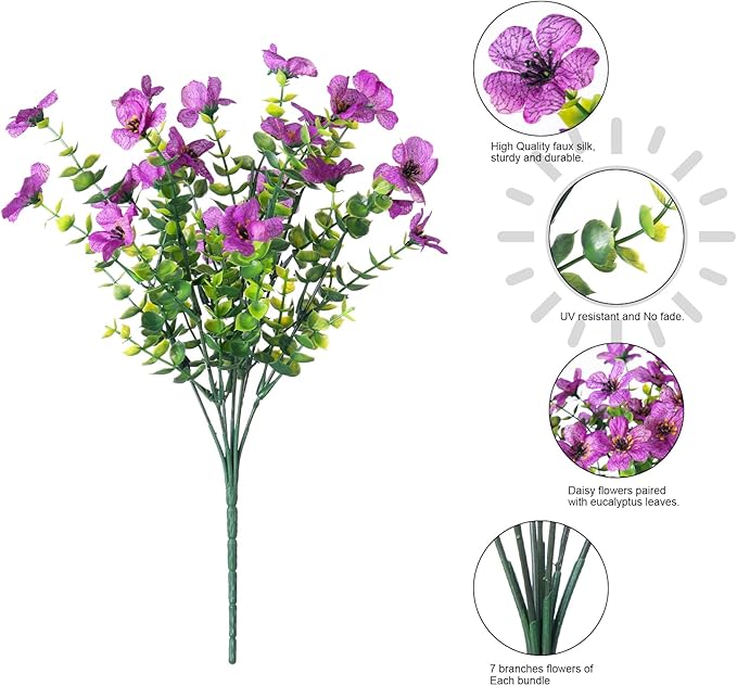 HyeFlora Artificial Flowers for Outdoor Indoor Garden Home Decoration, Faux Flower Daisy with Eucalyptus Leaves Fake Plants Greenery Boxwood Porch Patio, 12 Bundles (Purple)