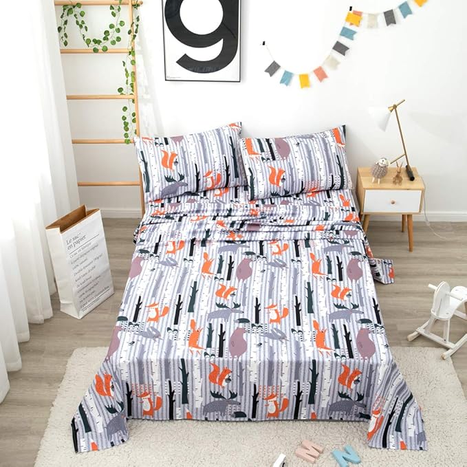JSD Woodland Animals Kids Printed Sheets Set Twin, 3 Piece Soft Fox Microfiber Bed Sheets Deep Pocket