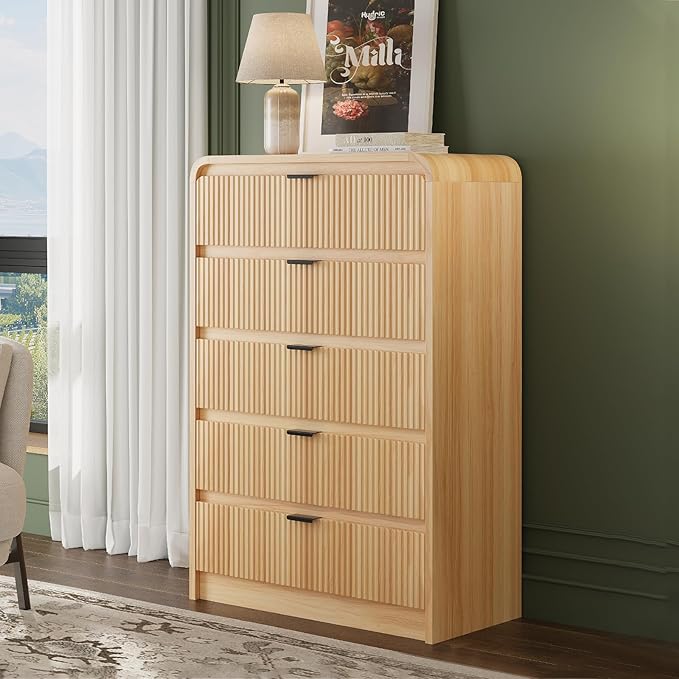 FURSUN Fluted 5 Drawers Dresser for Bedroom, 48" Tall Wooden Modern Dresser with Metal Handle, Curved Profile Design, Storage Organizer for Bedroom, Living Room, Hallway, Natural Oak
