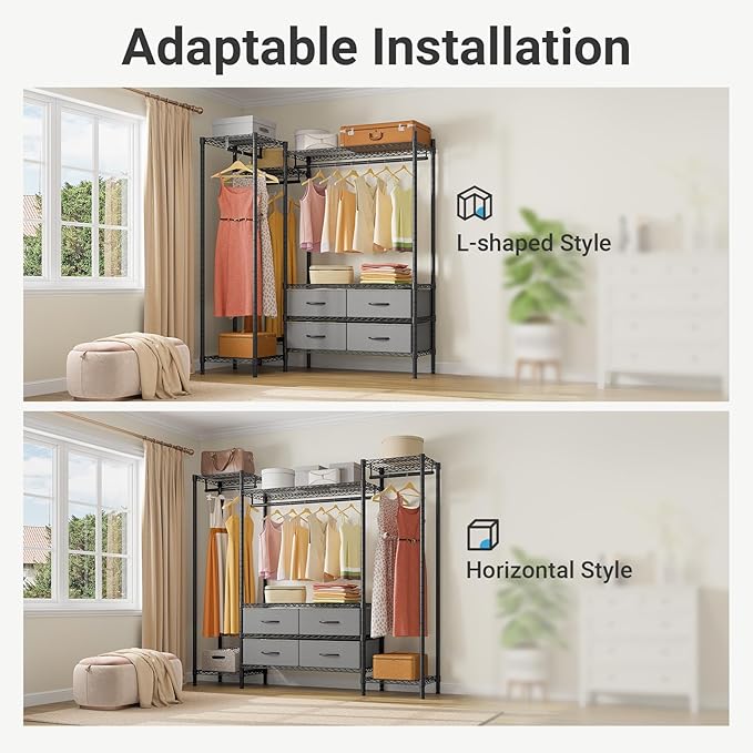 VIPEK V20 Wire Garment Rack Heavy Duty Clothes Rack, Metal Clothing Rack with 6 Shelves, 3 Hang Rods & 4 Fabric Drawers, Compact Wardrobe Closet, 56.7" L x 14.6" W x 70.9" H, Black