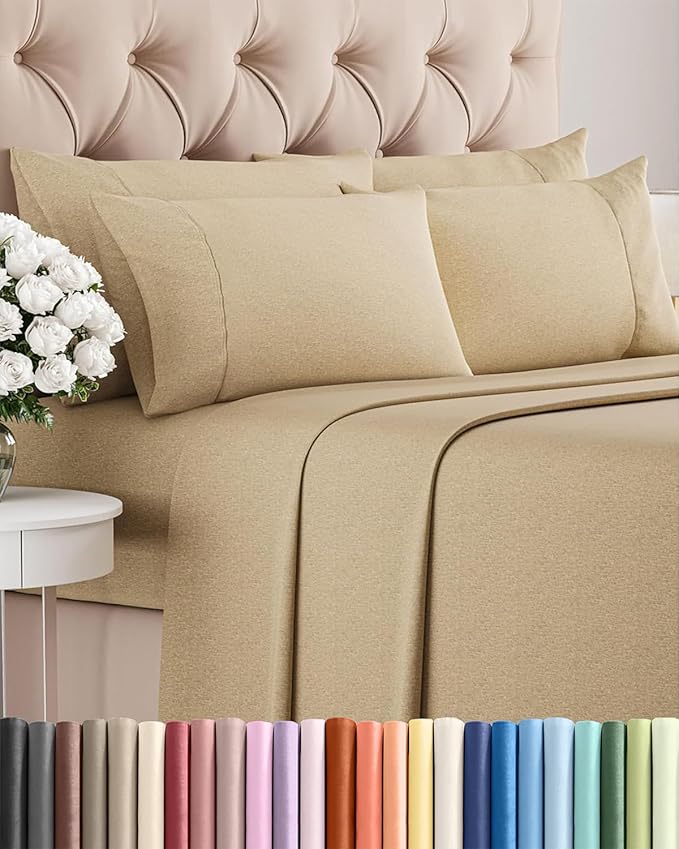 Queen 6 Piece Sheet Set - Cooling & Breathable - Hotel Luxury Bedding, Includes Fitted Sheet for Women, Men, Kids and Teens - 1 Flat, 1 Fitted Sheet, 4 Pillowcases with Deep Pockets - Heathered Tan